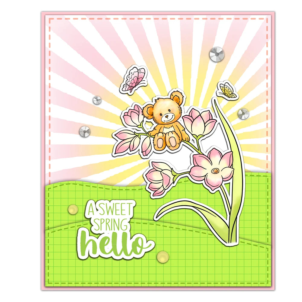 Cute Teddy Bear Among Flowers Transparent Stamps, Stamp And Die Set (p 