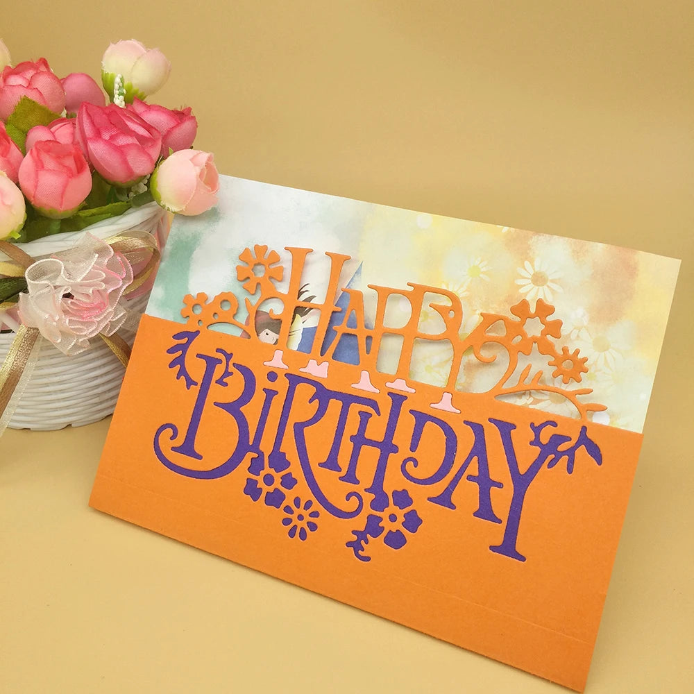 Lovely Happy Birthday Words with Flowers Metal Cutting Die, 8.4 cm x 15.1 cm/3.30 in x 5.94 in