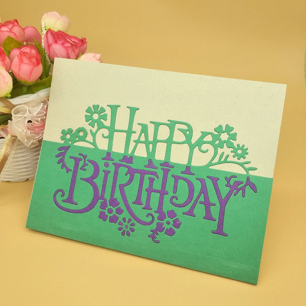 Lovely Happy Birthday Words with Flowers Metal Cutting Die, 8.4 cm x 15.1 cm/3.30 in x 5.94 in