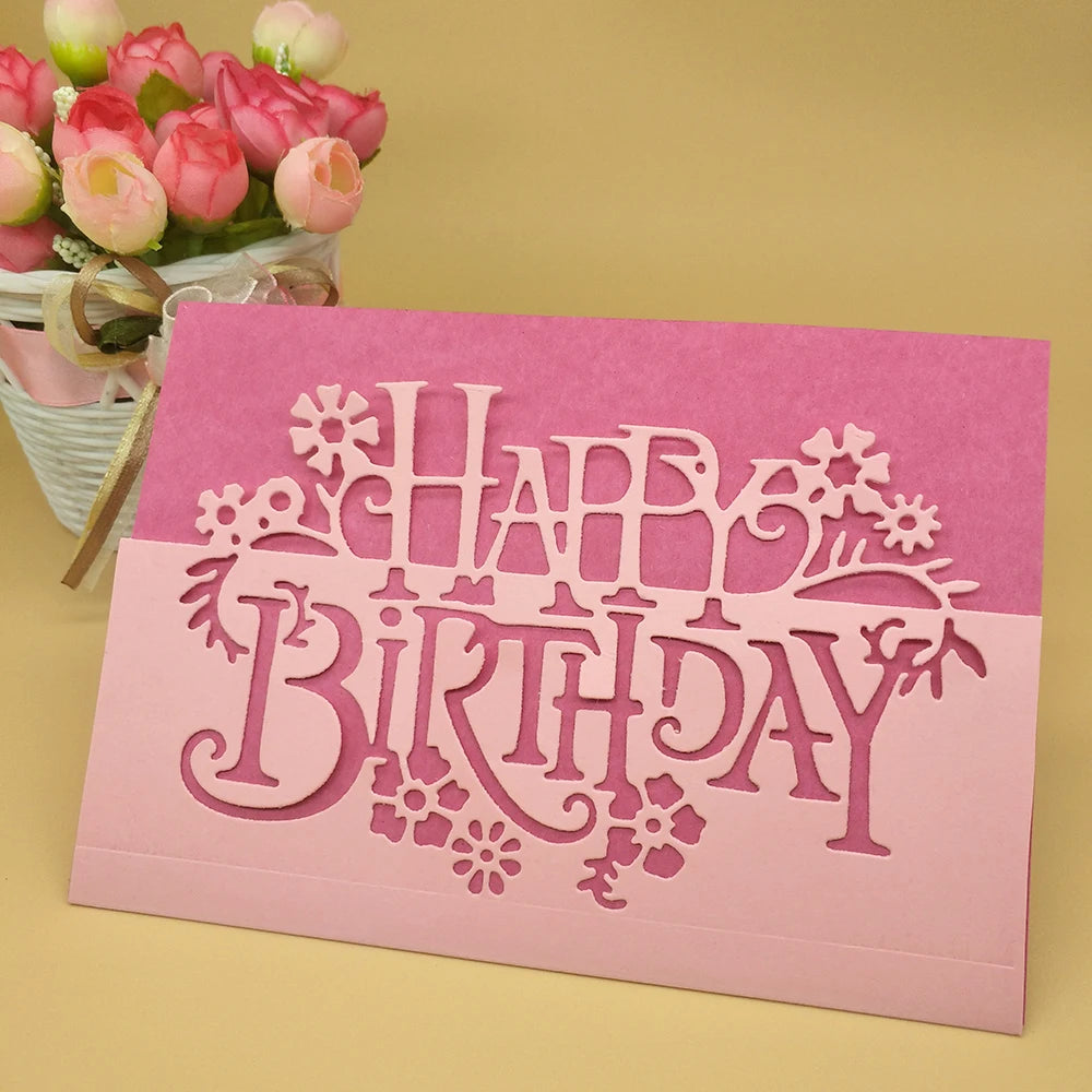 Lovely Happy Birthday Words with Flowers Metal Cutting Die, 8.4 cm x 15.1 cm/3.30 in x 5.94 in