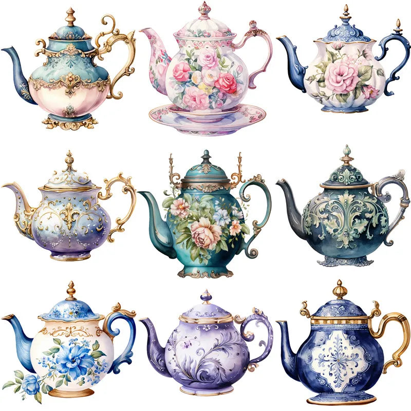 Vintage-Style Teapots/Teacups Decorative Stickers, Two Designs to Choose, 15 Pieces, 4-7 cm