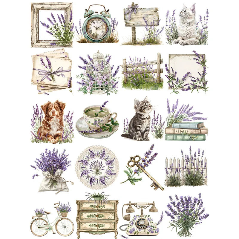 Adorable Vintage-Style Kitty with Lavender Decorative Stickers, 20 Pieces, 4-7 cm