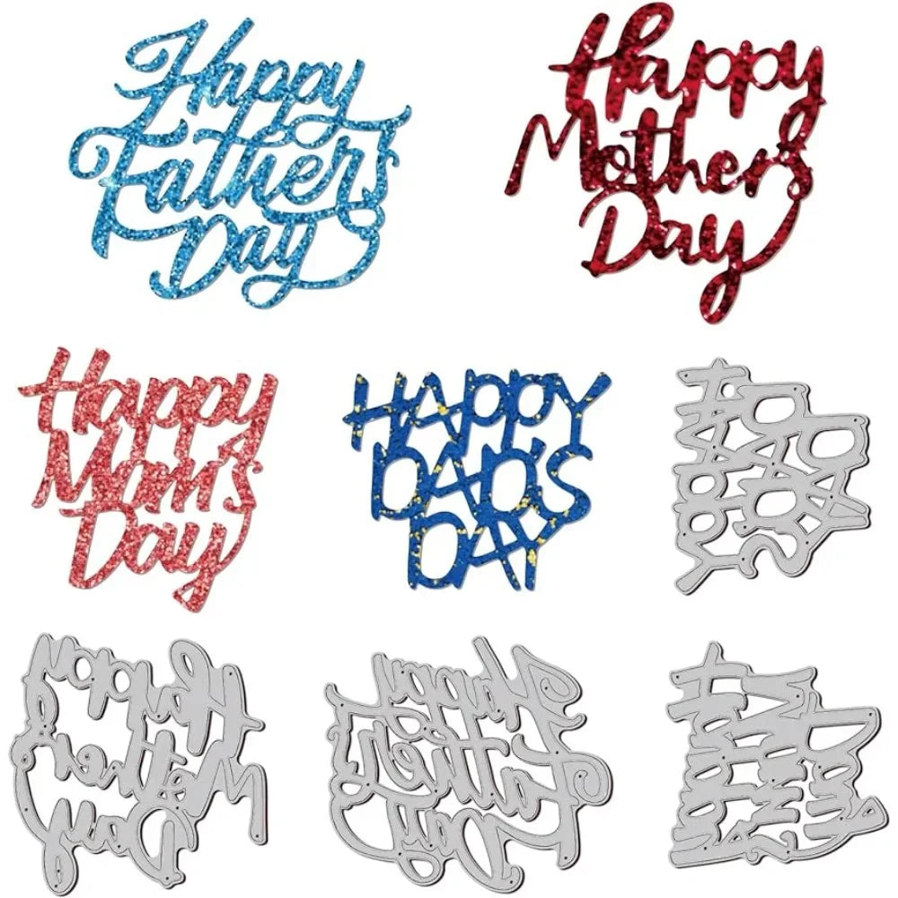 Lovely Happy Father’s Day/Happy Mother's Day Words Metal Cutting Dies, 4 Pieces, Size on Photo