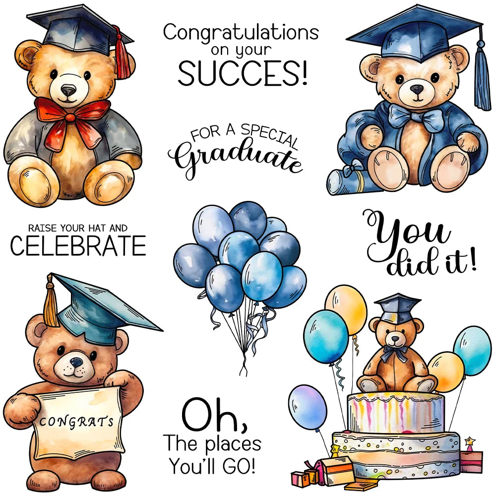 Cute Graduation Season Bear Celebrating with Balloons Transparent Stamps, Stamp and Die Set/Cutting Die (please order items separately as required)