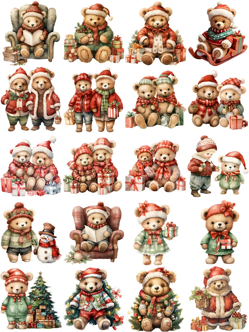 Sweet Christmas Teddy Bears Decorative Stickers, 20 Pieces, Length 4-6 cm