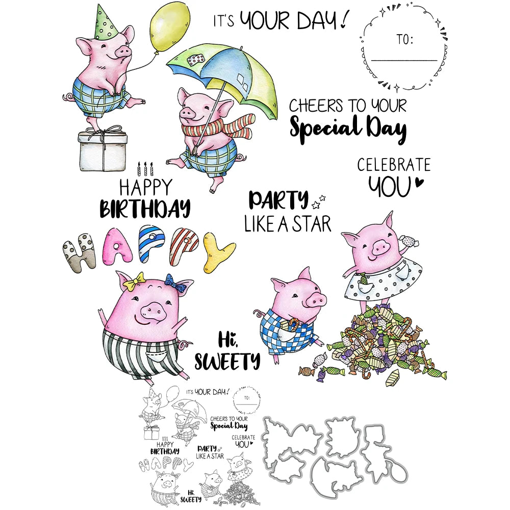 Cute Piggies Celebrating Birthdays Transparent Stamps, Dies, Stamp and Die Set (please order items separately)