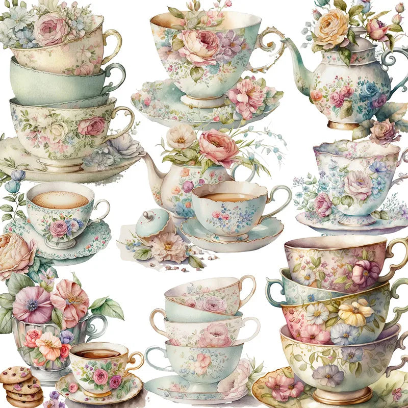 Gorgeous Retro Tea Cups Vintage Design Decorative Stickers, 20 Pieces, Length 4 cm to 6 cm