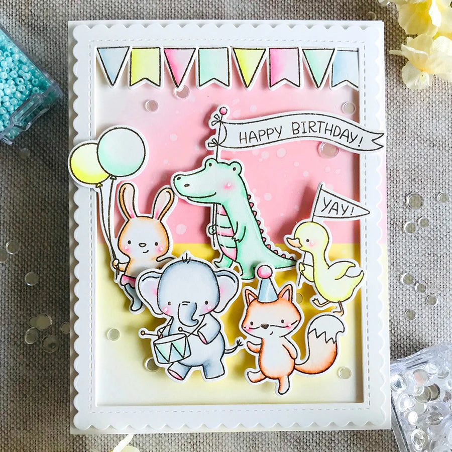 Cute Join the Party Parade Transparent Stamps, Stamp and Die Set, Size on Photo