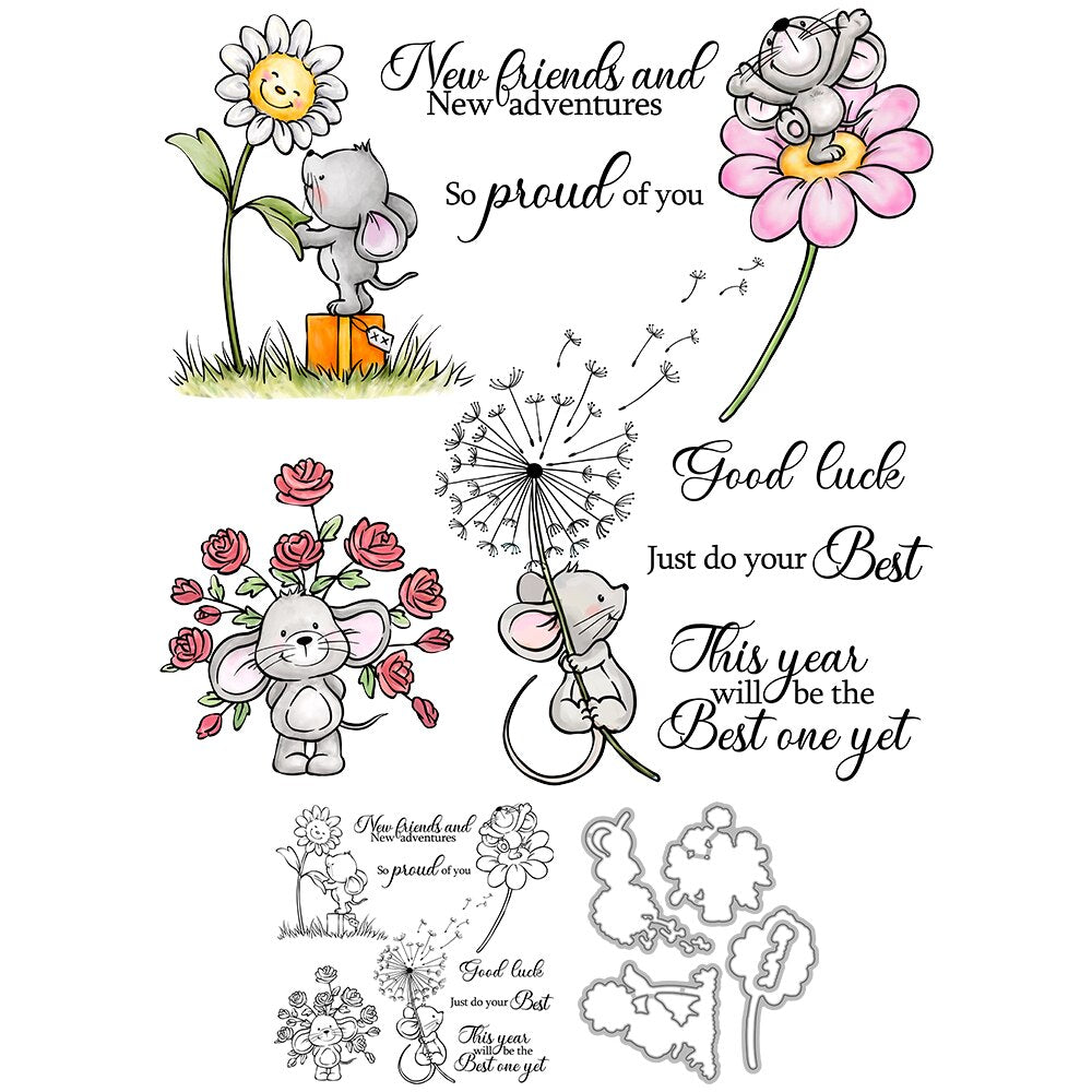 Sweet Mouse with Flowers Transparent Stamps, Stamp and Die Set (please order items separately)