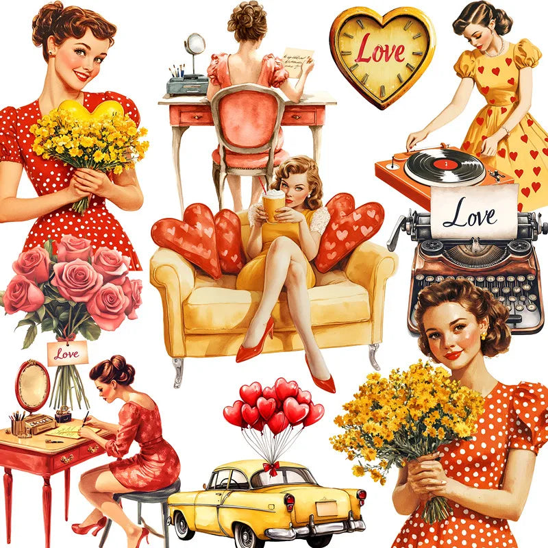 Cute Vintage-Style Ladies In Love Decorative Stickers, 20 Pieces, 4-7 cm