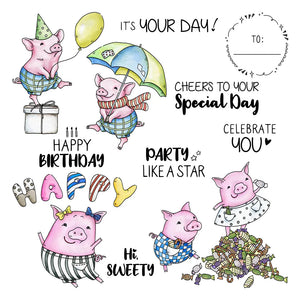 Cute Piggies Celebrating Birthdays Transparent Stamps, Dies, Stamp and Die Set (please order items separately)