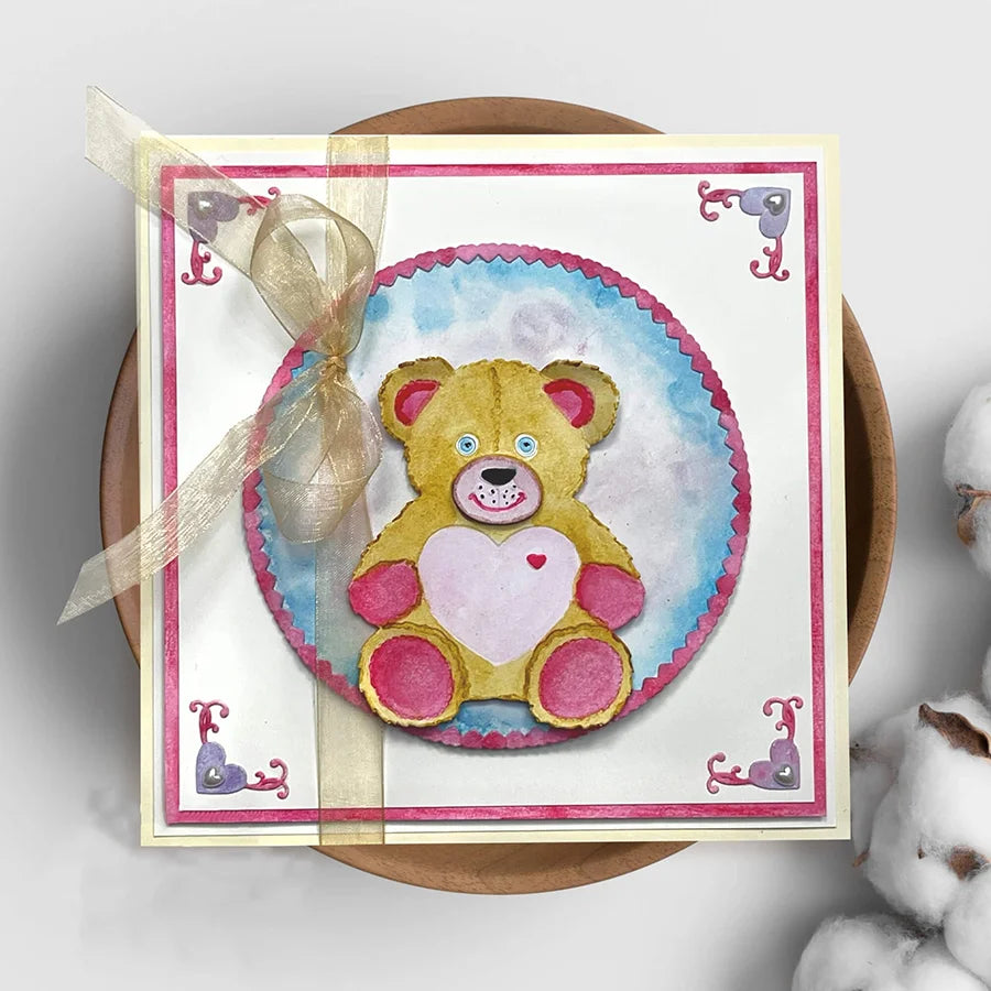 Adorable Teddy with Hearts Metal Cutting Die, Size on Photo