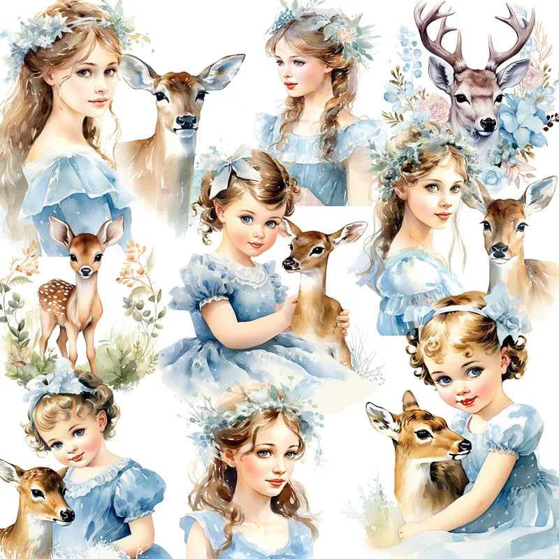 Beautiful Little Girl with Deer Decorative Stickers, 12 Pieces, Length 4 cm to 6 cm
