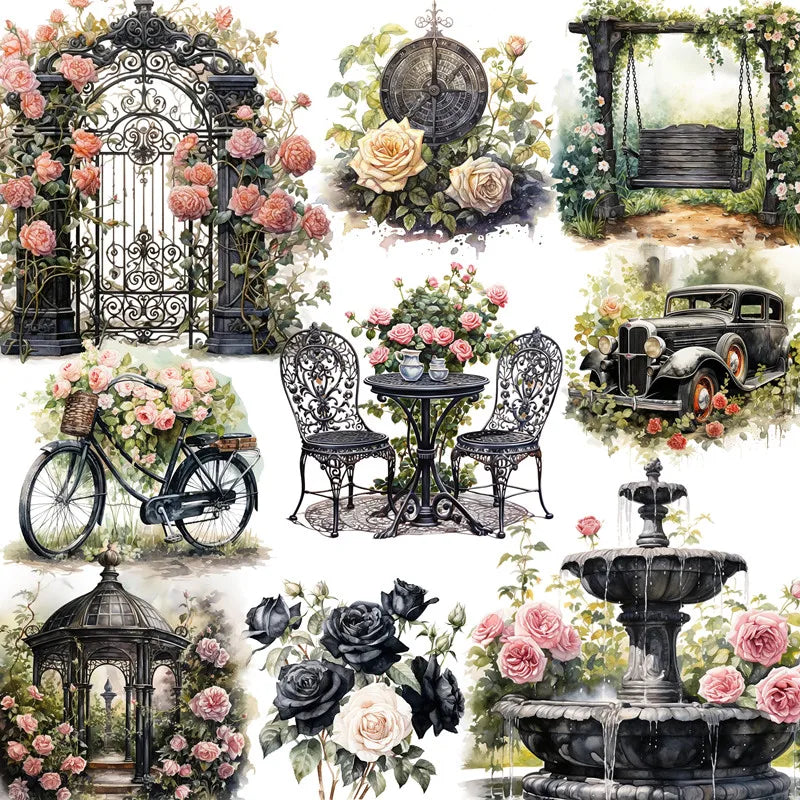 Beautiful Rose Garden Vintage Design Decorative Stickers, Two Designs, 20 Pieces, Length 4 cm to 6 cm