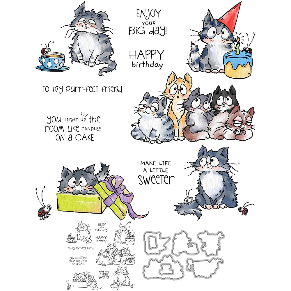 Cute Kitty Cats Sending Birthday Wishes To A Purr-Fect Friend Transparent Stamps, Dies, Stamp and Die Set (please order items separately)