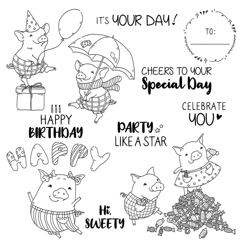 Cute Piggies Celebrating Birthdays Transparent Stamps, Dies, Stamp and Die Set (please order items separately)