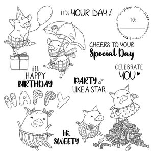 Cute Piggies Celebrating Birthdays Transparent Stamps, Dies, Stamp and Die Set (please order items separately)