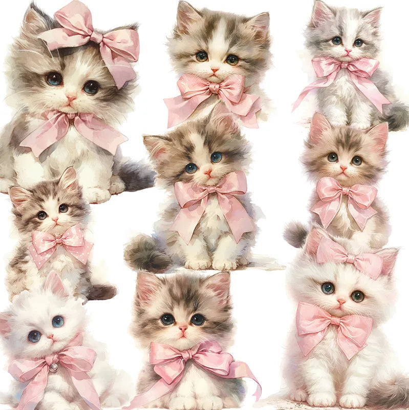 Adorable Kitty Cat with Bows Decorative Stickers, 16 Pieces, Length 4 cm to 6 cm