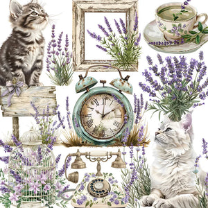 Adorable Vintage-Style Kitty with Lavender Decorative Stickers, 20 Pieces, 4-7 cm