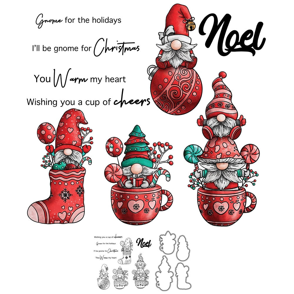 Comical Gnomes Sending Christmas Cheer Transparent Stamps, Stamp and Die Set (please order items separately)