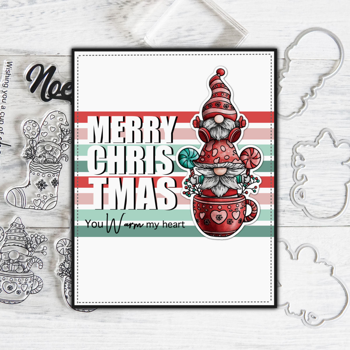 Comical Gnomes Sending Christmas Cheer Transparent Stamps, Stamp and Die Set (please order items separately)