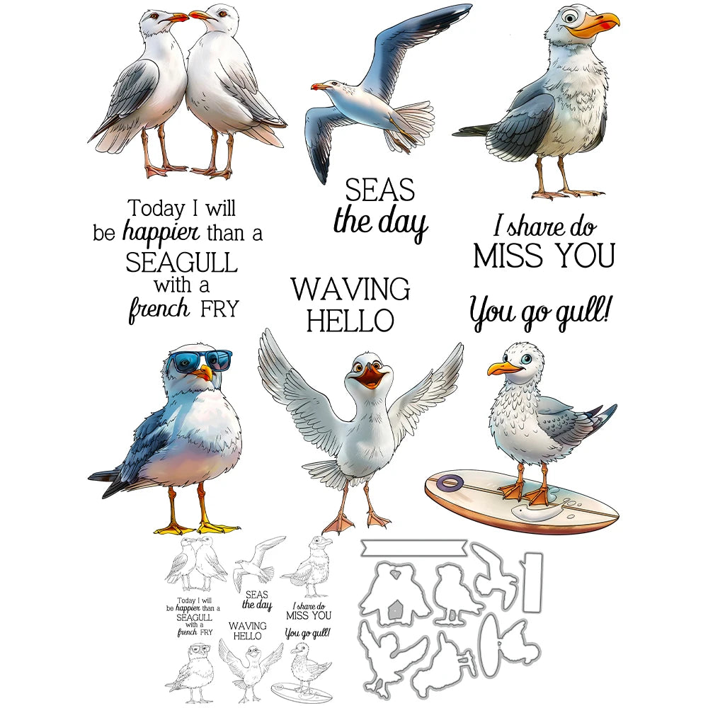 Amusing Seagull Waving Hello Transparent Stamps, Dies, Stamp and Die Set (please order items separately)