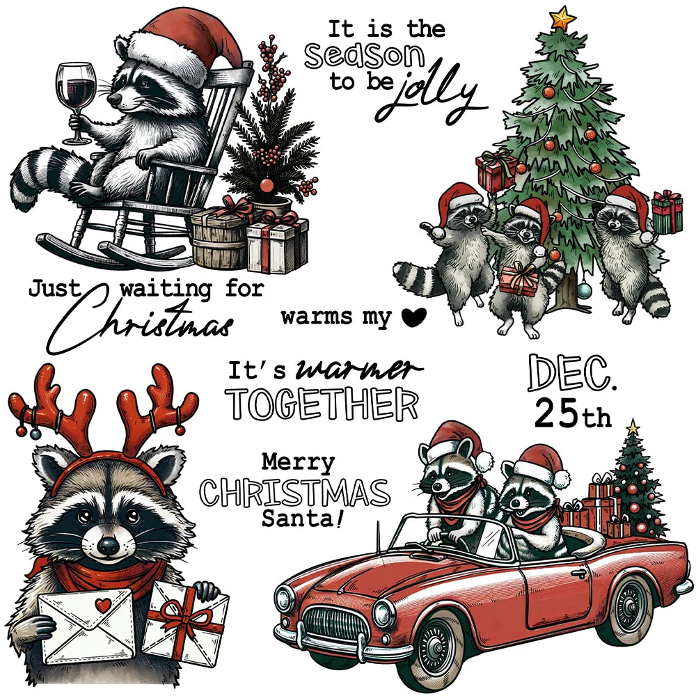 Comical Raccoon Having Fun At Christmas Transparent Stamps, Dies, Stamp and Die Set (please order items separately)