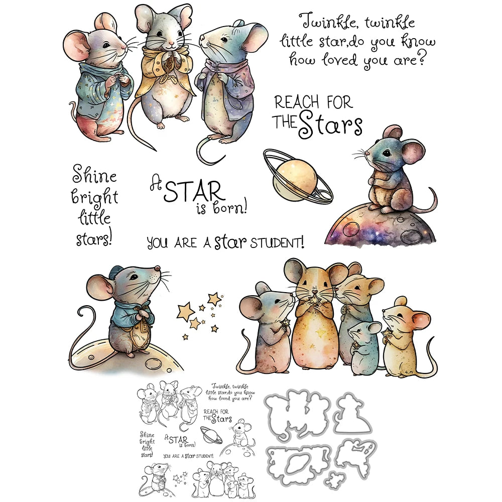 Beautiful Reach For The Stars with Adorable Mice Transparent Stamps, Dies, Stamp and Die Set (please order items separately)