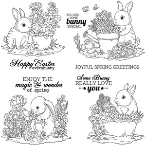 Sweet Bunny Sending Easter Flowers Transparent Stamps