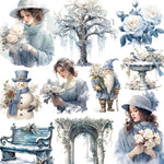 Exquisite Snowy Blue Vintage-Style Scrapbooking Stickers, 20 Pieces