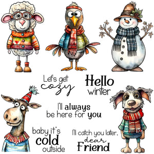 Hello Winter Snowman and Comical Animals Transparent Stamps, Stamp and Die Set (please order items separately)