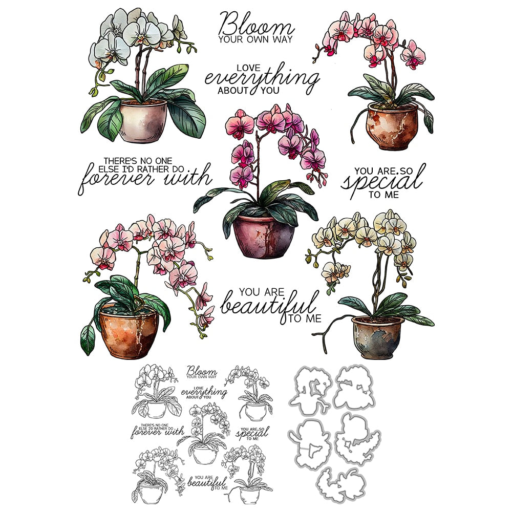 Stunning Potted Orchids Transparent Stamps, Stamp and Die Set (please order items separately)