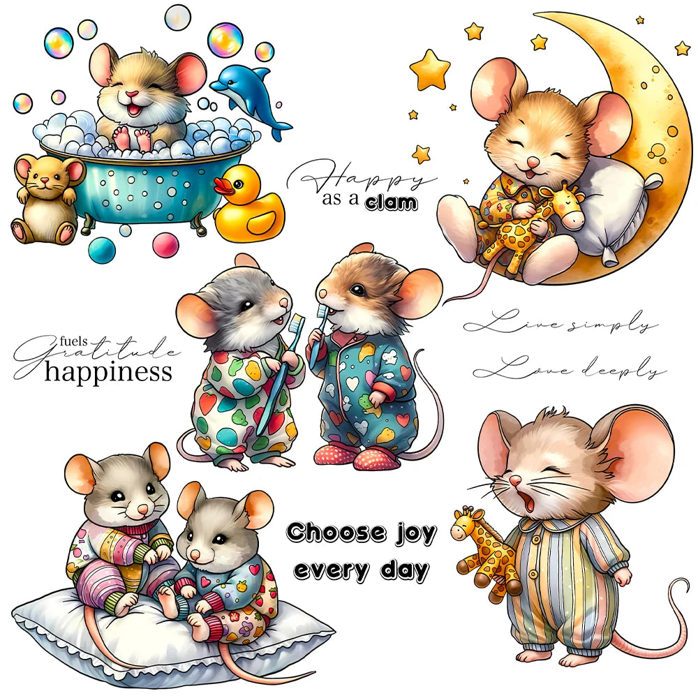 Adorable Mice Having Fun At Bedtime Transparent Stamps