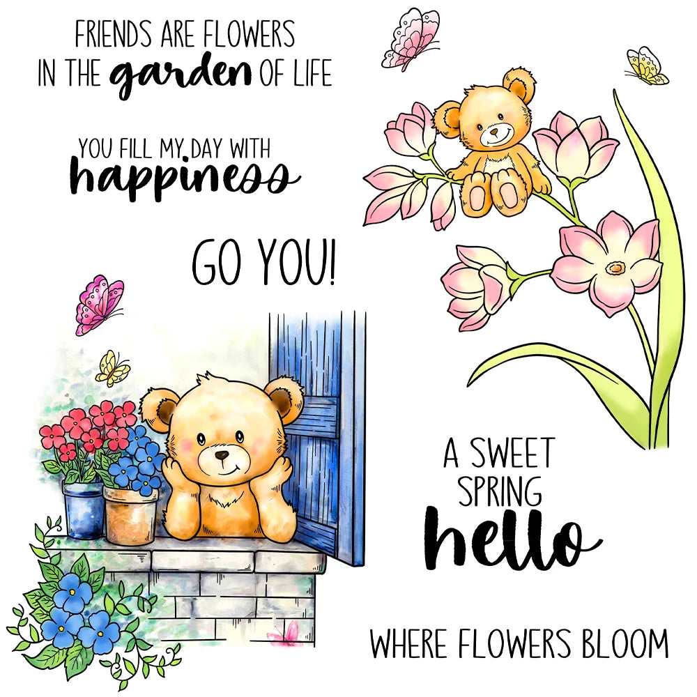 Cute Teddy Bear Among Flowers Transparent Stamps, Stamp and Die Set (please order items separately)