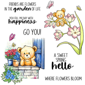 Cute Teddy Bear Among Flowers Transparent Stamps, Stamp and Die Set (please order items separately)