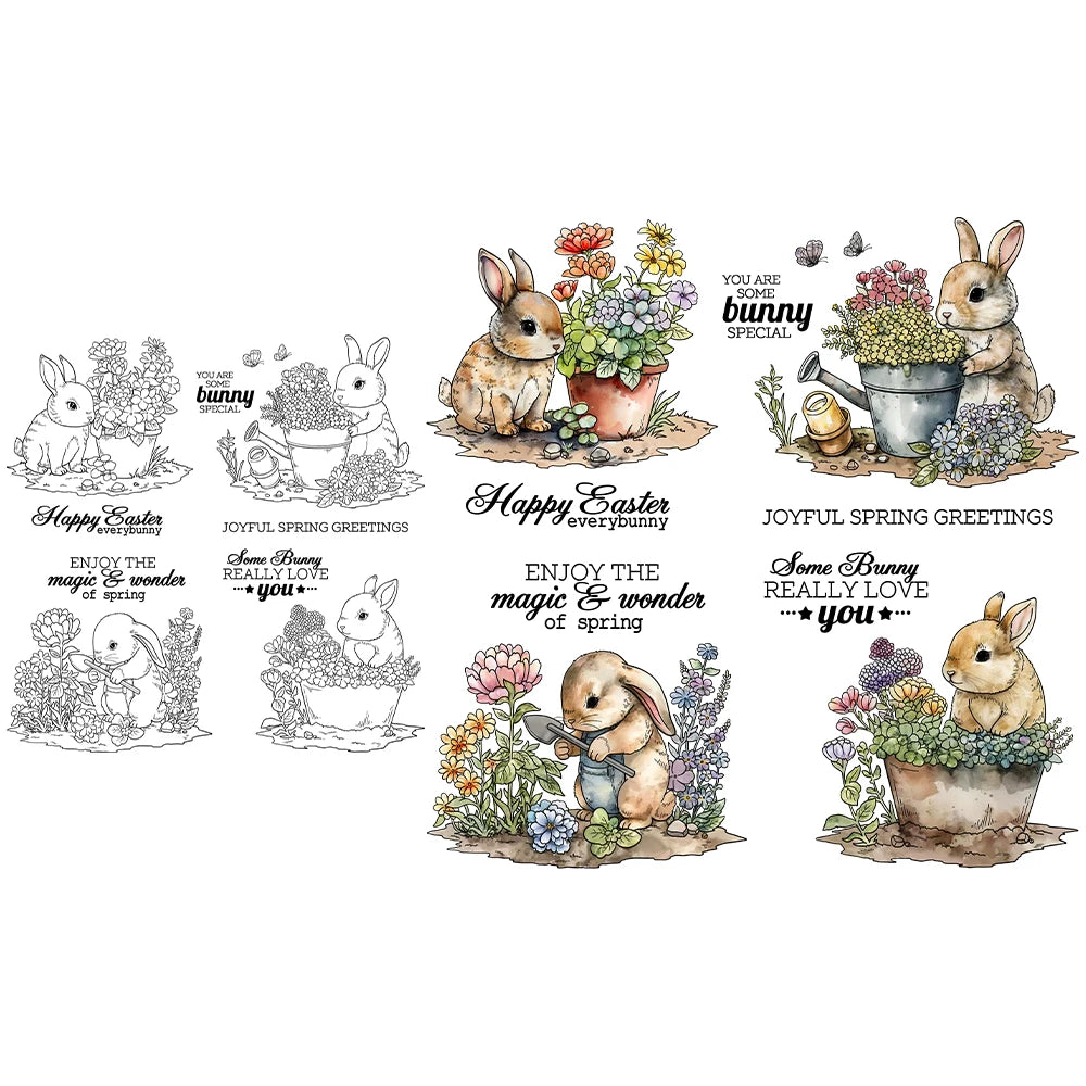 Sweet Bunny Sending Easter Flowers Transparent Stamps