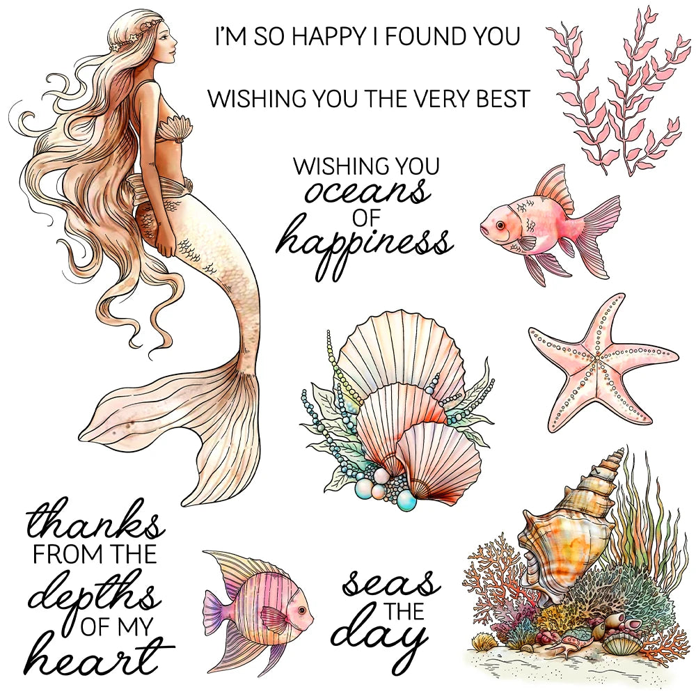 Gorgeous Mermaid with Fish and Seashells Transparent Stamps, Stamp and Die Set (please order items separately)