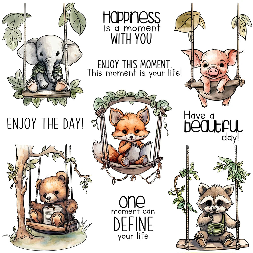 Cute Baby Animals on a Swing Transparent Stamps