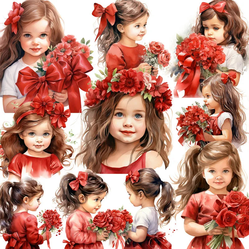 Beautiful Little Girls with Red Roses Decorative Stickers, 20 Pieces 4 cm to 6 cm