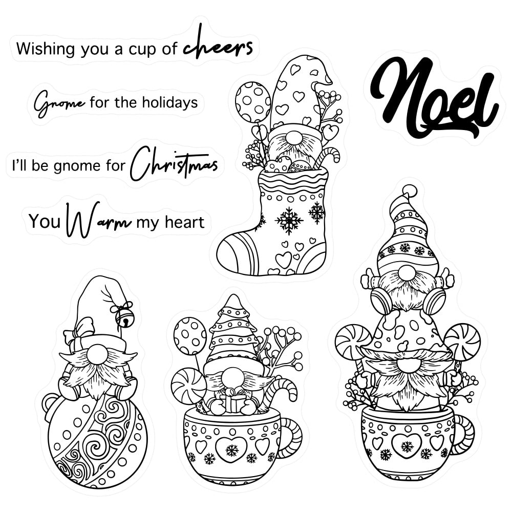 Comical Gnomes Sending Christmas Cheer Transparent Stamps, Stamp and Die Set (please order items separately)