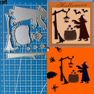 Spooky Halloween Witch Casting a Spell Metal Cutting Die, Size on Photo