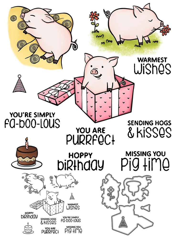 Cute Piggy Sending Birthday and Celebratory Wishes Transparent Stamps/Stamp and Die Set (please order items separately)