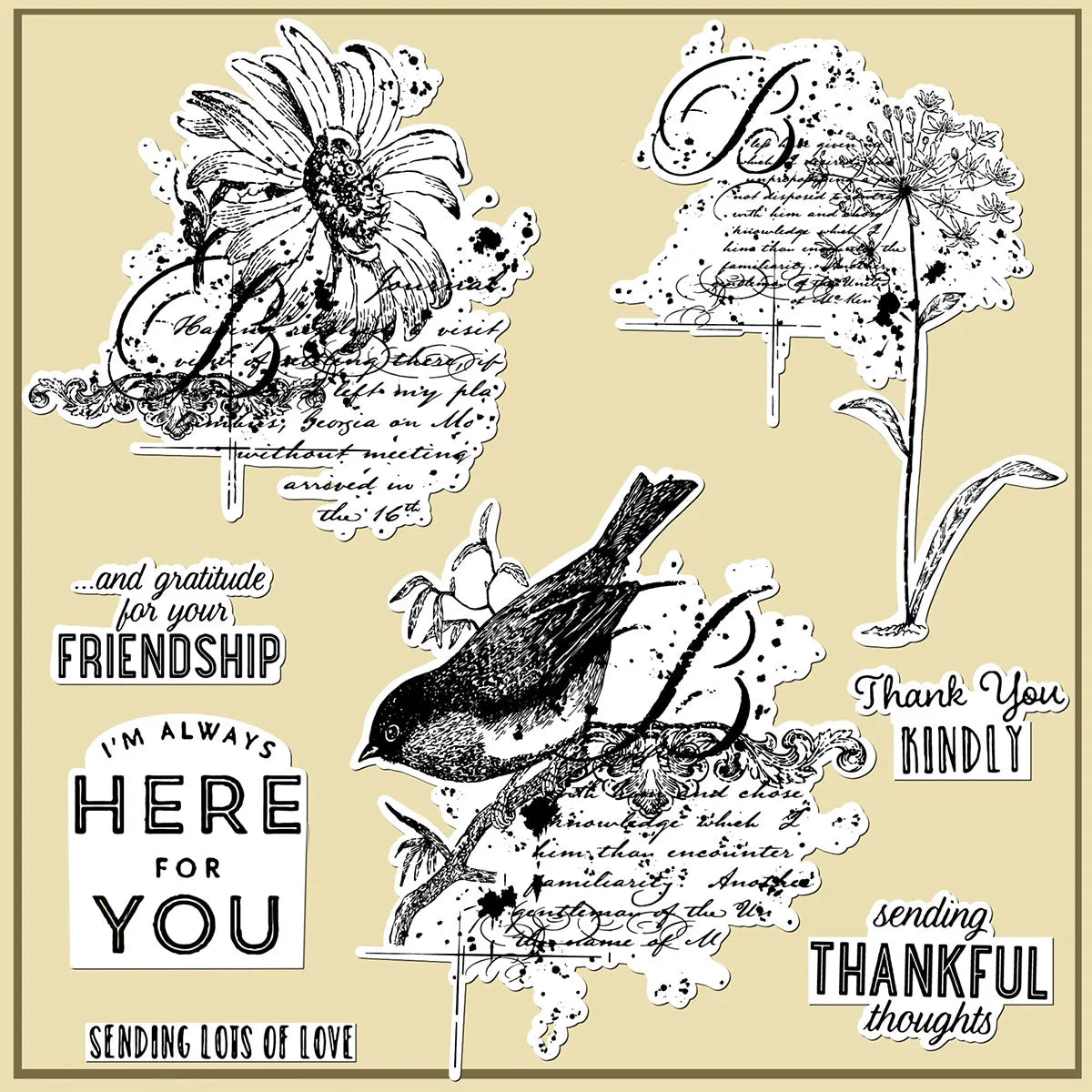 Gorgeous Vintage-Style Birdie with Flowers and Beautiful Sentiments Transparent Stamps