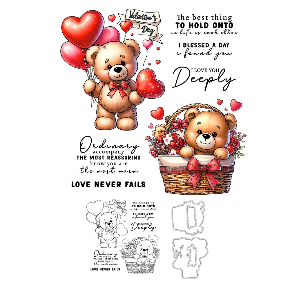 Cute Bears Sharing Valentine Love Transparent Stamps, Dies, Stamp and Die Set (please order items separately)