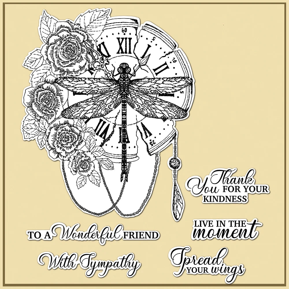 Beautiful Vintage Clock/Flower/Dragonfly with Lovely Sentiments Transparent Stamps