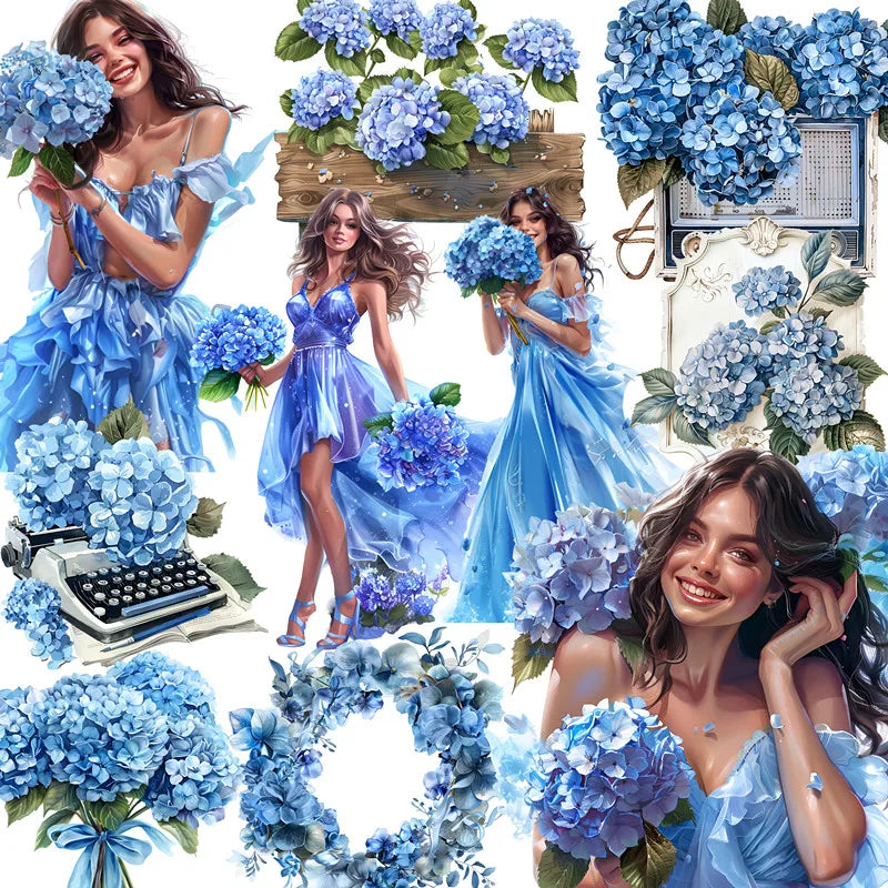 Stunning Blue Hydrangea Lady Decorative Stickers, 12 Pieces, Length 4 cm to 6 cm