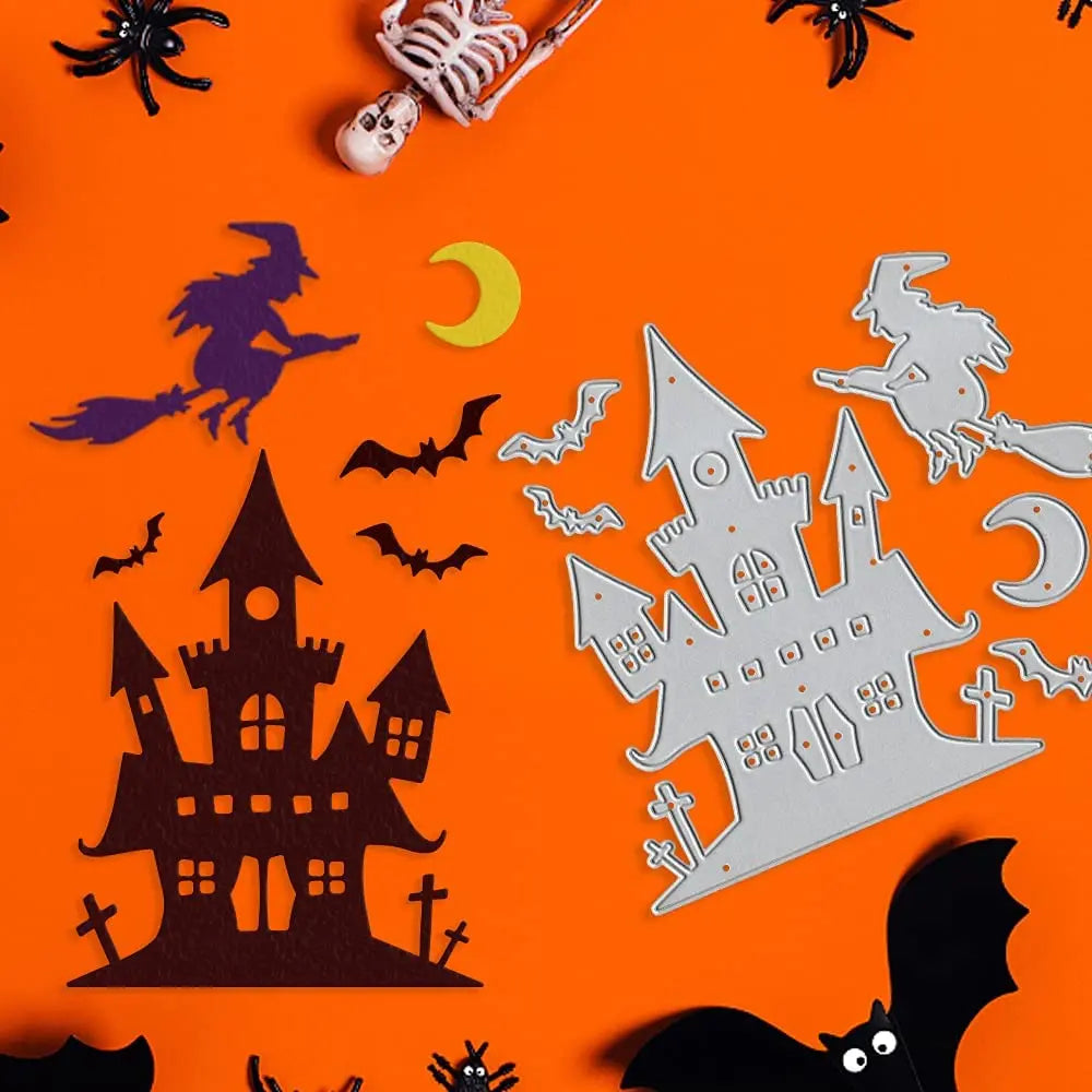 Spooky Haunted Halloween House and Witch Metal Cutting Die, Size on Photo