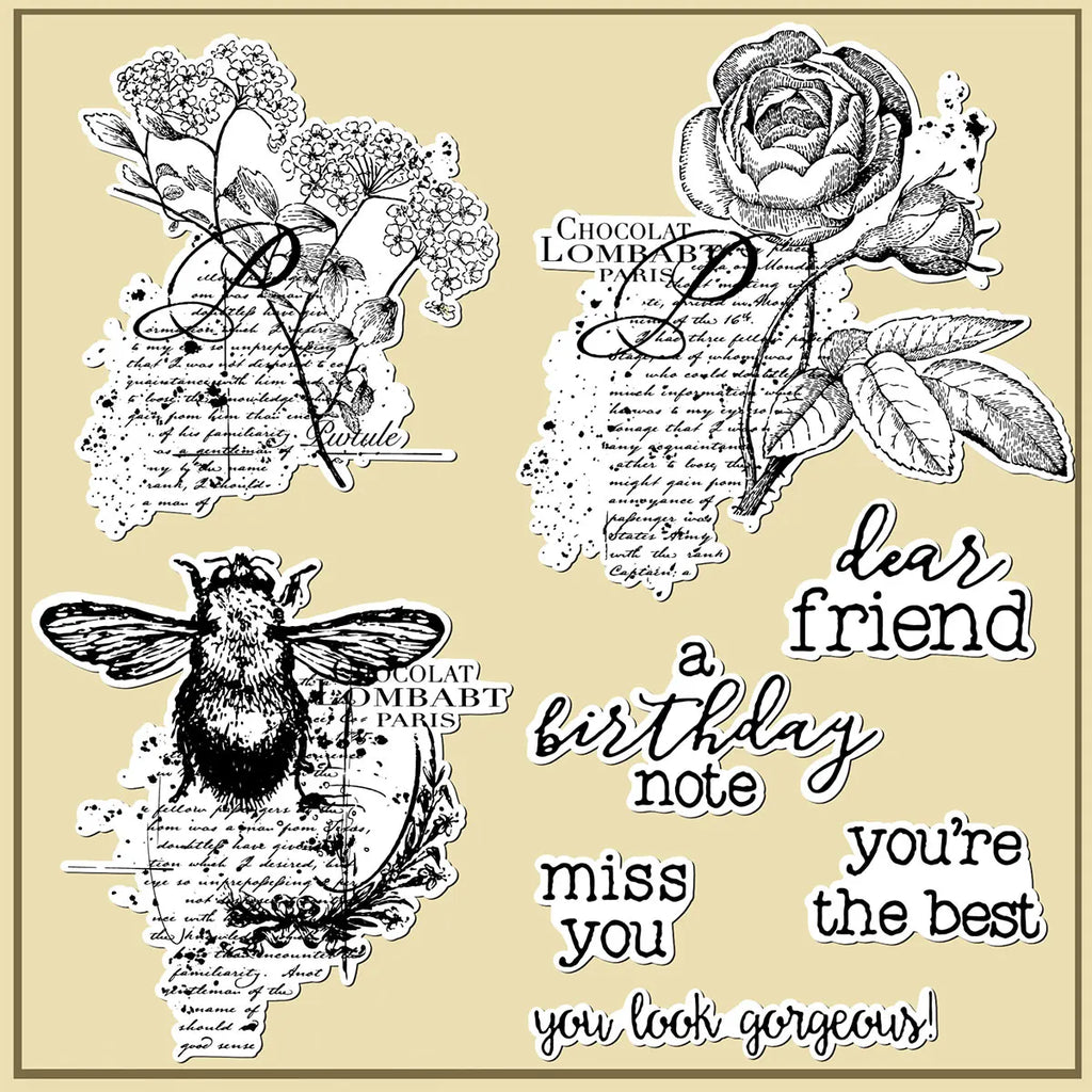 Endearing Vintage-Style Bees and Flowers Transparent Stamps