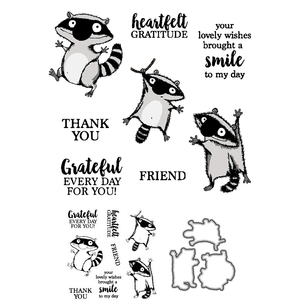 Funny Racoons Sending Grateful Messages Transparent Stamps, Stamp and Die Set (please order items separately)