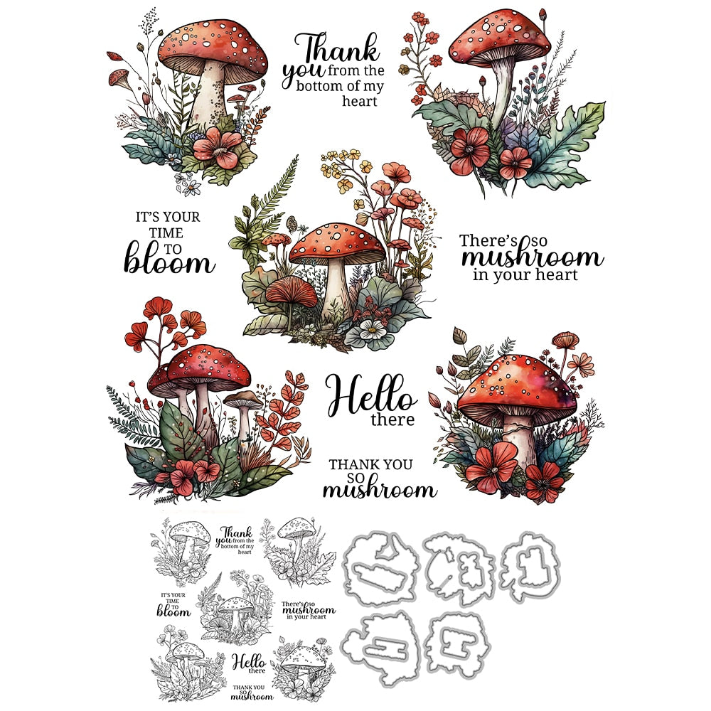 Back to Nature Cute Mushrooms Transparent Stamps, Stamp and Die Set (please order items separately)